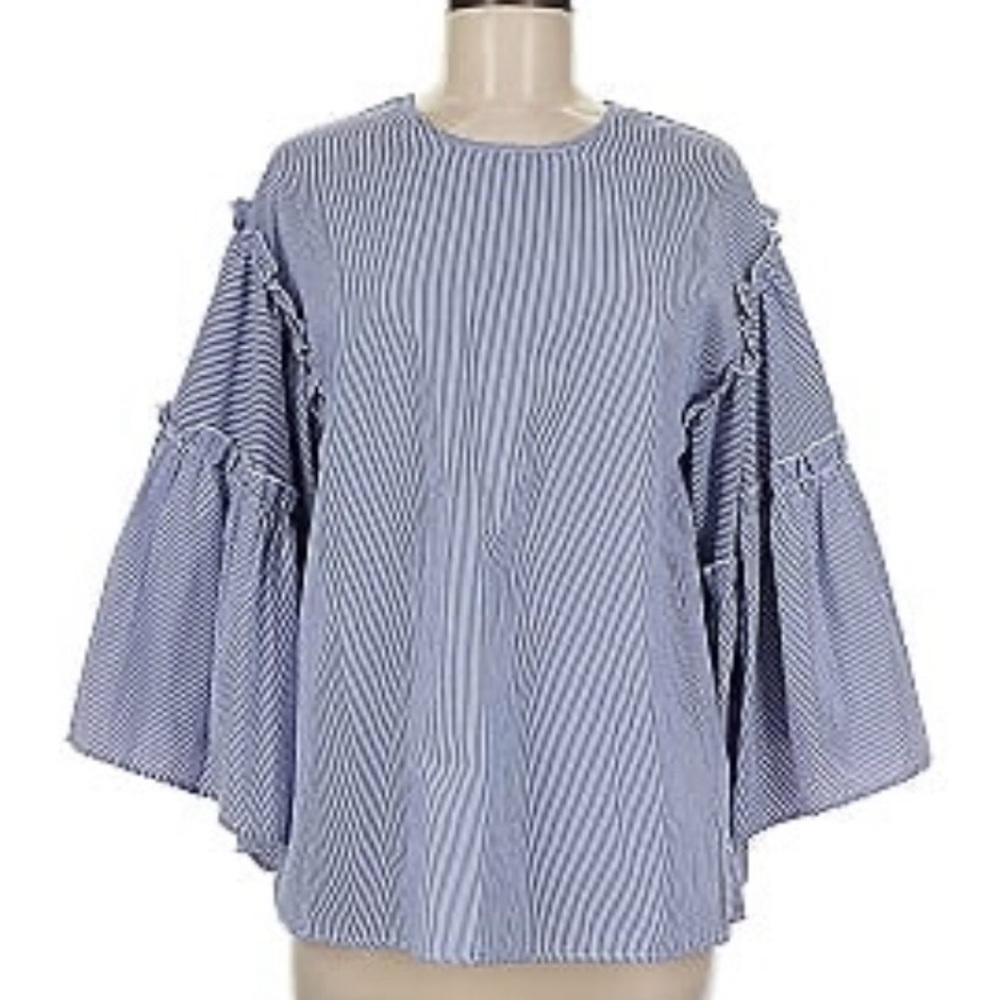 Dra Los Angeles‎ Blue & White Striped Blouse Women Size Medium Tiered Sleeves